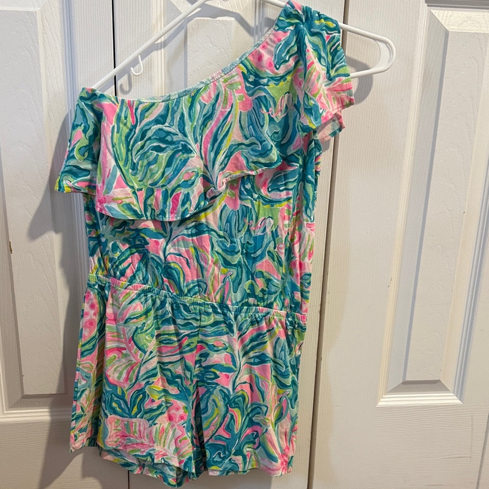 One-Shoulder Ruffle Romper in Teal, Pink & Lime